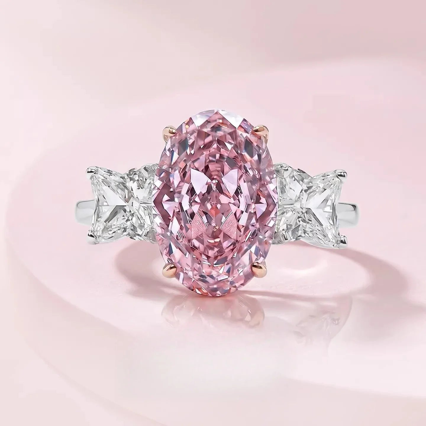 S925 Silver Ring 8 * 12mm Elliptical Zircon Powder Ice Flower Cut Ring Sweet Wind Jewelry
