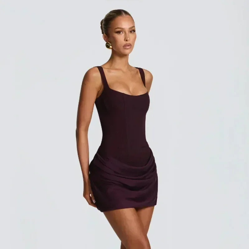 Sexy Square-neck Halter Long Dress Women 2025 Pleated Sleeveless Backless High Waist Bodycon Dresses New Summer Lady Party Gowns