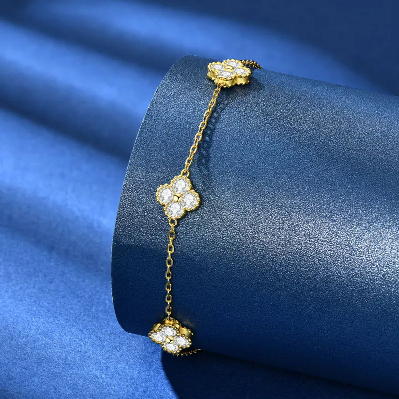 18k Gold Plated 925 Silver 3mm Moissanite Necklace Earrings Bracelet Sets 3 In 1 Clover Flower Charm Jewelry Set for Women Gift