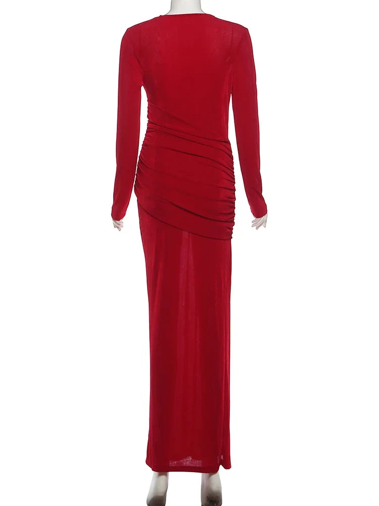 Nibber Folds Maxi Dress Women o-Neck Full Sleeve Solid Banquet Elegant Vacation Fashion Autumn Skinny Casual Simple Vestidos