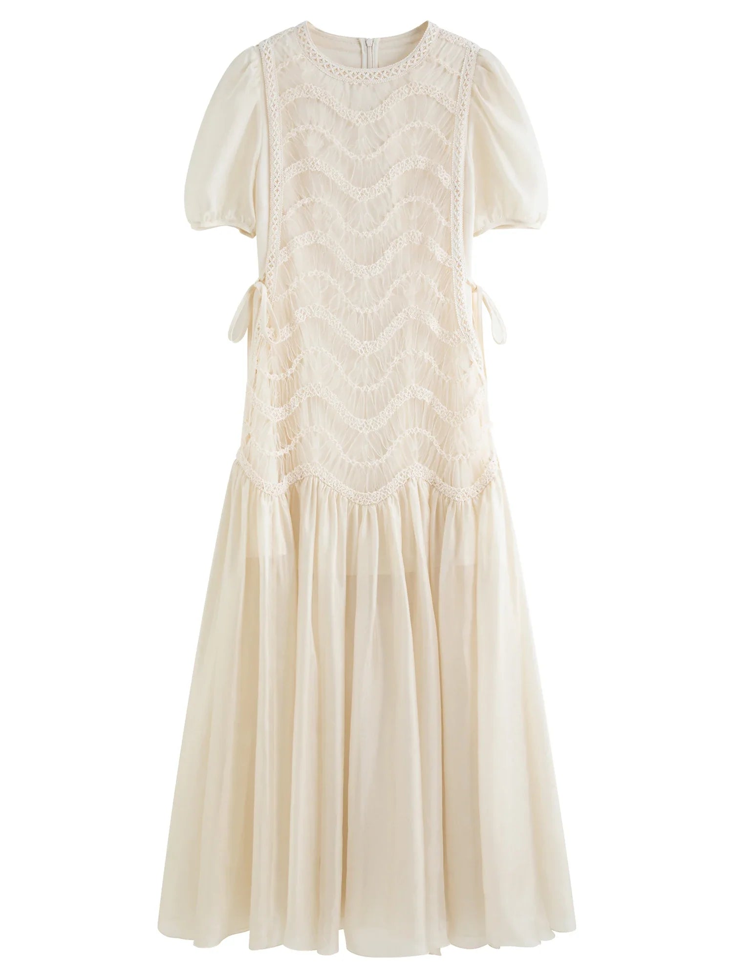 2025 Summer Women's Mesh Embroidery Dress Hollow Out Splicing Bubble Sleeves Waist Tie Y2K Trendy Boho Chic 25FS12832