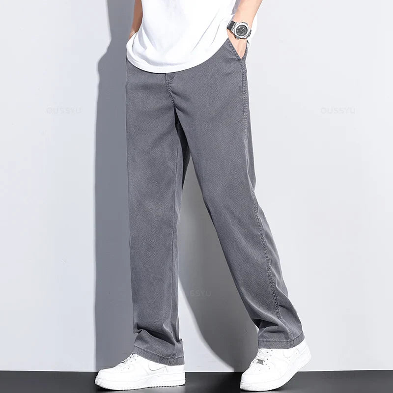 Summer New Upgrade Soft Lyocell Fabric Jeans Men Ultrathin Blue Elastic Waist Loose Straight Denim Trousers Male Plus Size 5XL