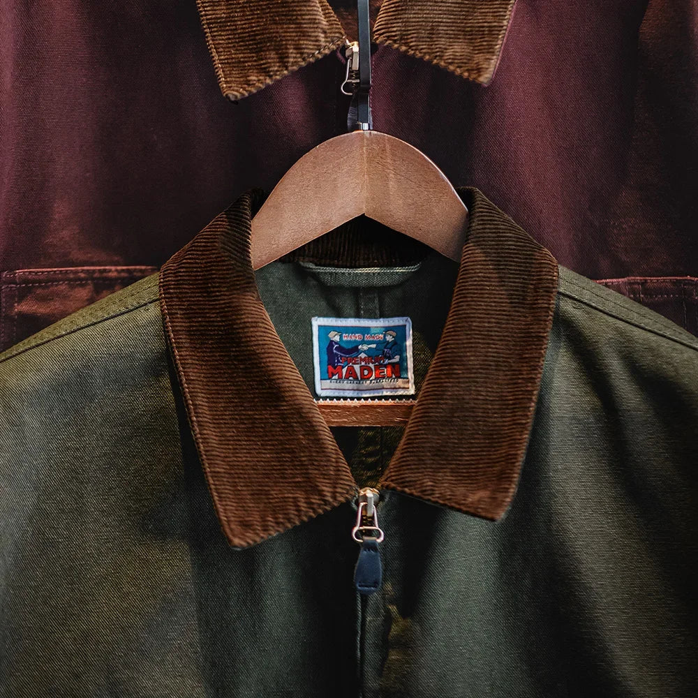Retro Heavyweight Canvas Detroit Jacket Corduroy Collar Hunting Short Zip-Up Jacket with Pockets Men's Autumn Outerwear