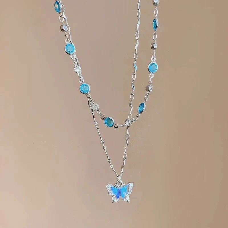 Romantic Blue Crystal Butterfly Necklace for Women Girls Simple Shiny Zircon Bilayer Choker Clavicle Chain New Fine Jewelry