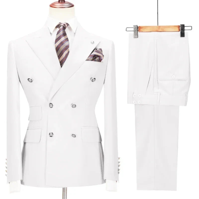 Men Suit 2 Pieces Beige Double Breasted Solid Color For Business Casual Wedding Groom Banquet Work Tuxedo Set Jacket With Pants