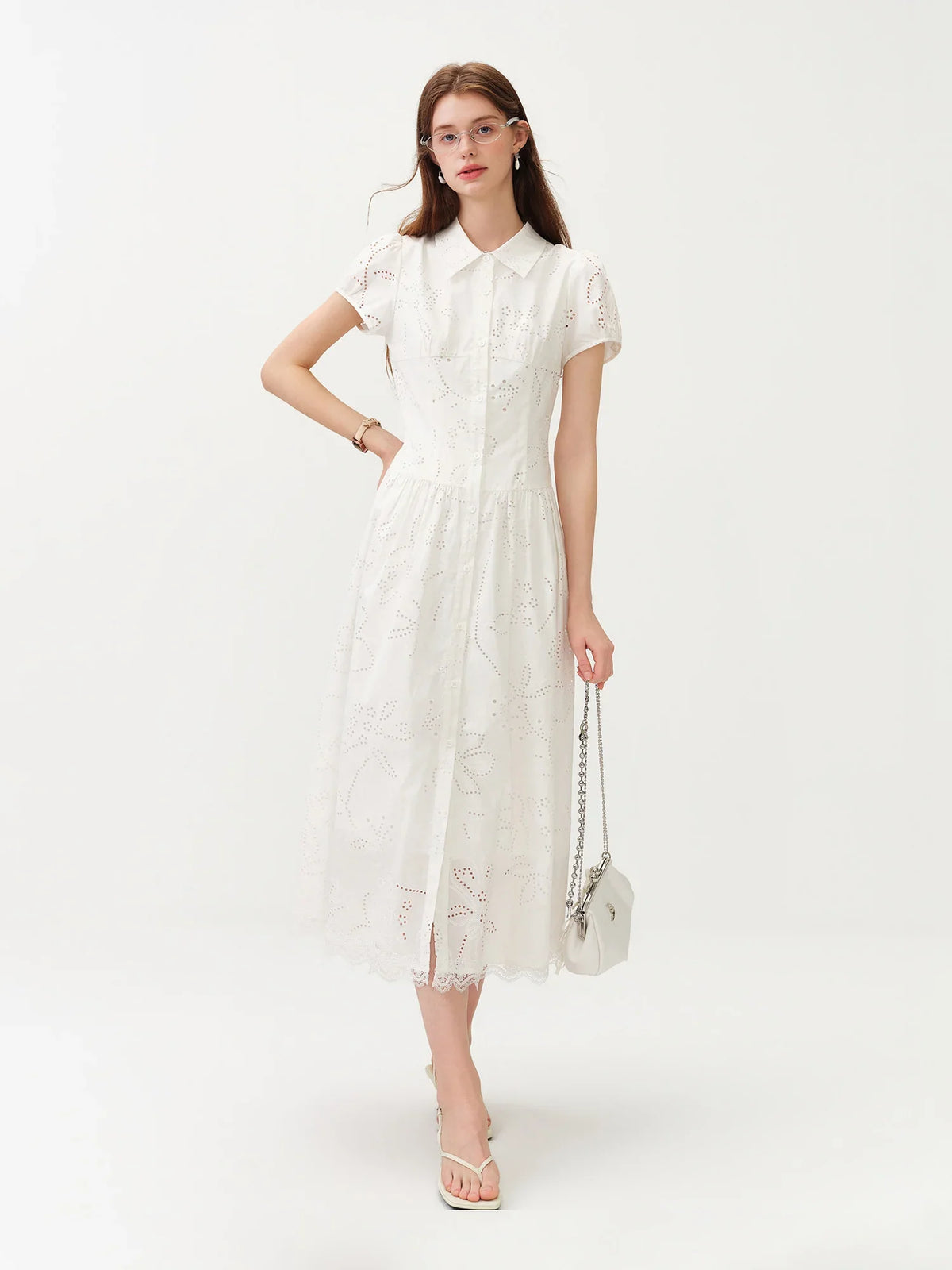 Women's Light French Style Cotton Lapel Hollow-out Print Waist-Fitted Short Sleeve Shirt Dress 2026 Summer New Arrival