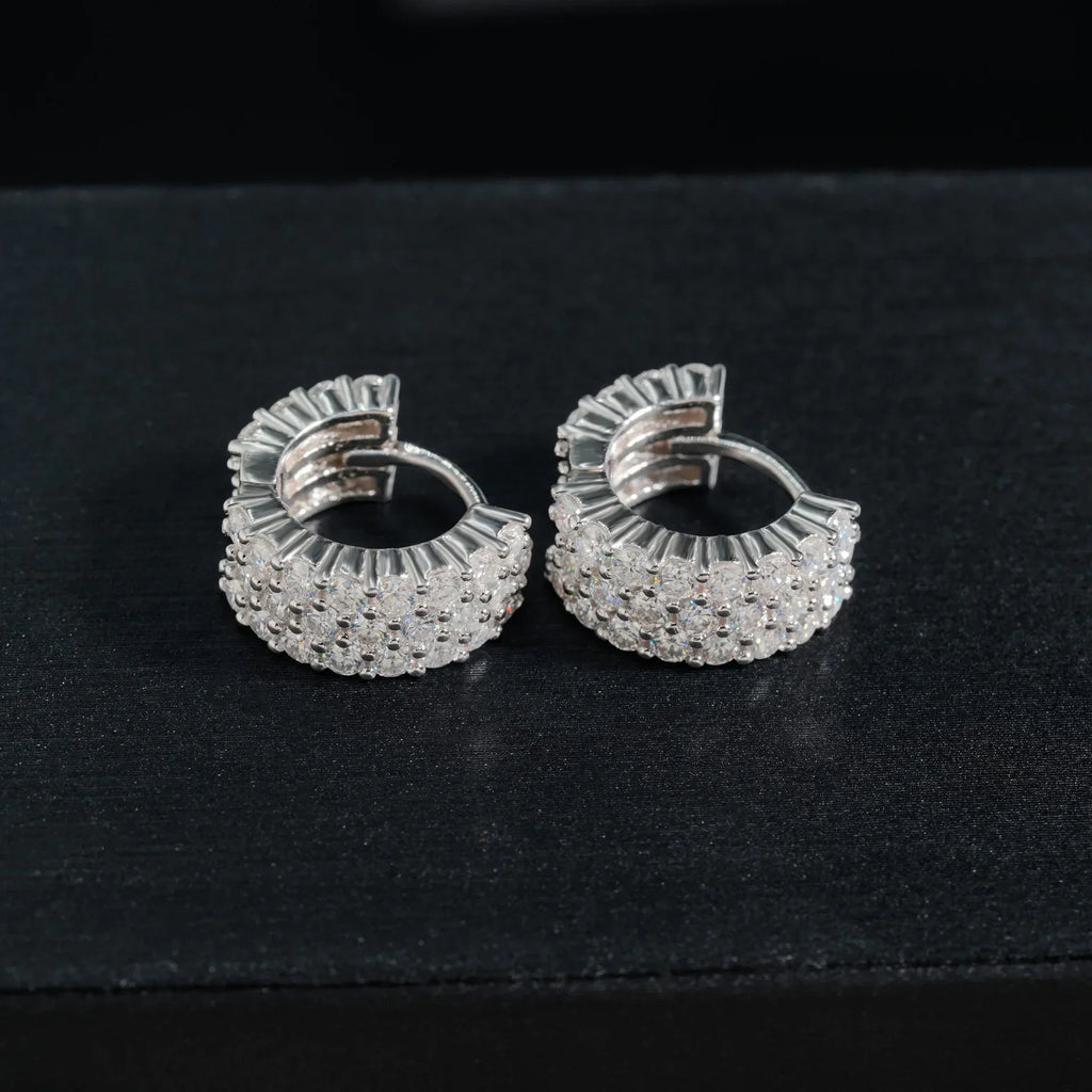 Sparkling Real 3-Row Full Moissanite Hoop Earrings for Women Fine Jewelry S925 Silver Diamond Small Ear Buckle Earring Gift