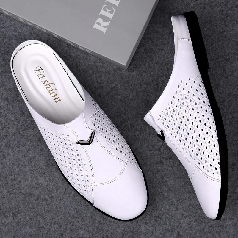 Summer Men Shoes Casual Brand Mens Penny Loafers Genuine Leather Luxury Half Slipper For Men Breathable Lazy Driving Shoes Man