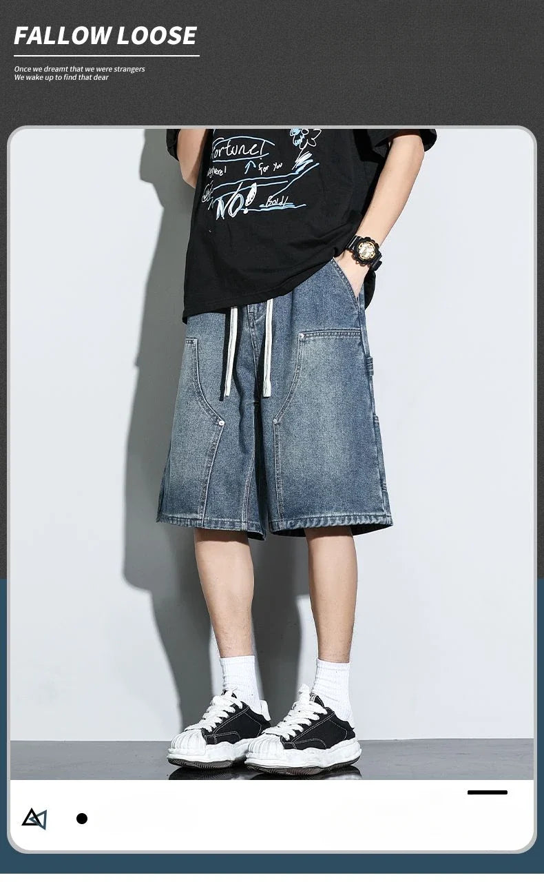 Men's Baggy Cargo Shorts Summer New Fashion Drawstring Straight Casual Jeans Streetwear Pocket Splicing Male Short Pants