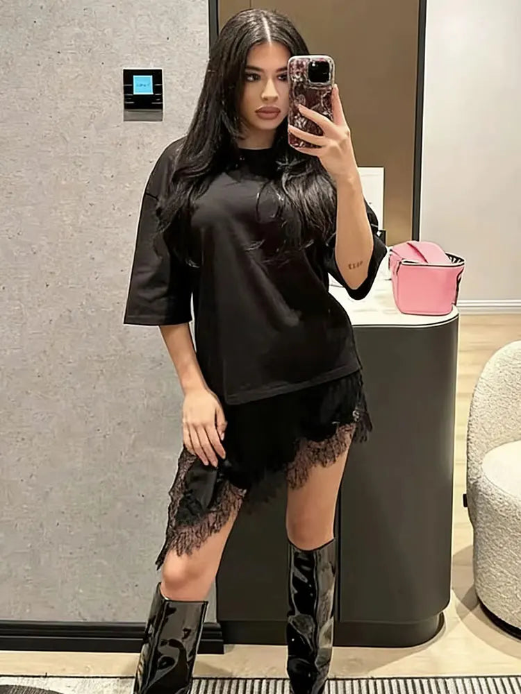 Women Vintage Solid Lace Patchwork T-Shirts Asymmetrical Hem O Neck Short Sleeve Shirt 2026 Trend High Street Lady Chic TEES