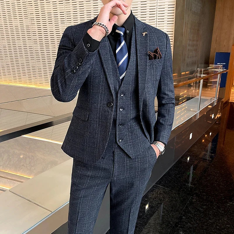 Checkered Suit (Blazer+Vest+Pants) Men's Fashion Hosting Work Business Wedding Casual Linen Art Style Elegant Gentleman's Suit
