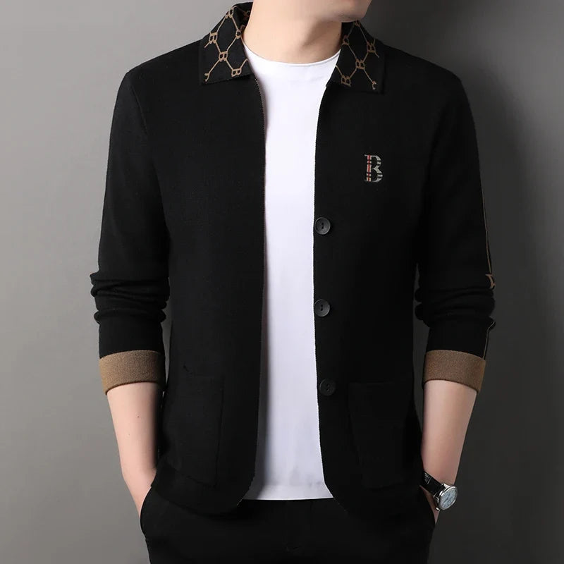 Luxury Brand Men's Autumn Winter Lapel Embroidered Sweater Coat Fashionable Business Three-dimensional Pocket Warm Knitted Jacke