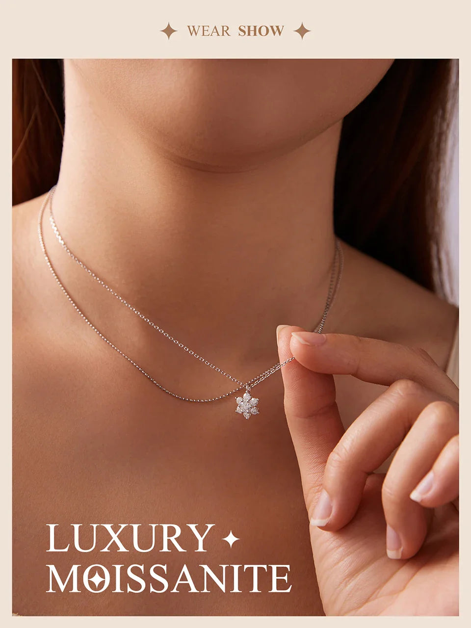 Double-layer Moissanite Necklace for Women, 925 Sterling Silver Snowflake Pendant Necklace for Women Dazzling Winter Gift
