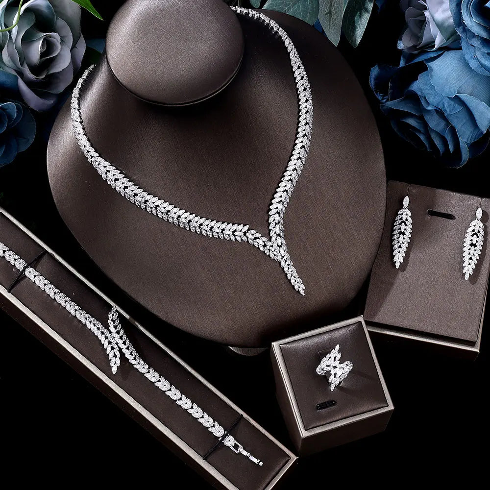 2023 New Hot 4 Piece Set Nigeria Bride Cubic zirconia Dubai Necklace Bracelet Earrings CZ Crystal Wedding Jewelry Set