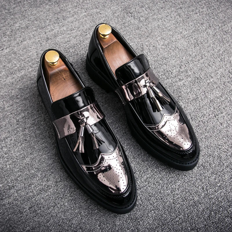 Fashion Golden Men's Casual Slip-On Tassel Patent Loafers Thick Bottom Elevator Shoes Men's Party Shoes Business Shoes Brogue