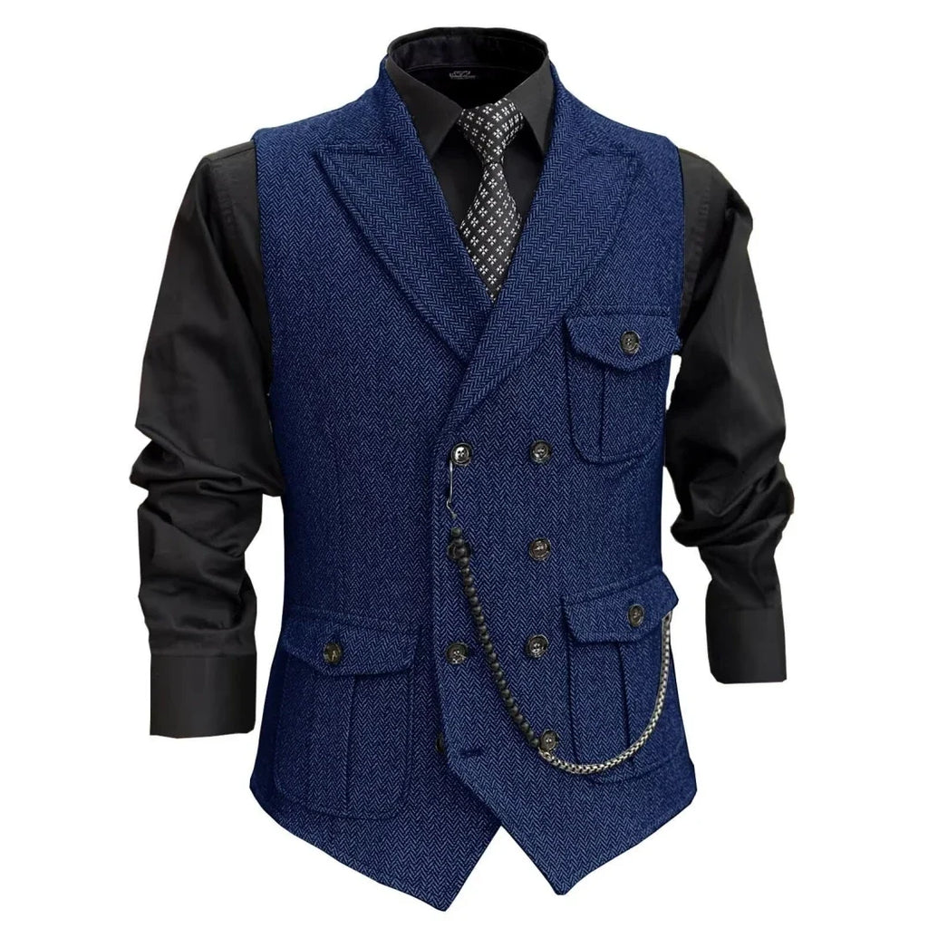 Men Vest GrayHerringbone Double Button With Pocket Waistcoat For Wedding Party Banquet Business Casual Daily Work Men Suit Vest