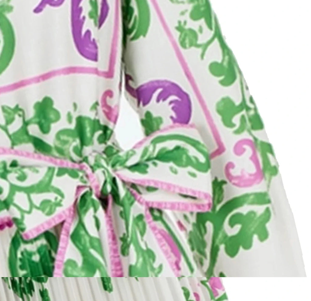 Elegant Women's Printing Dresses Lace Up Neck Long Sleeve Elegant Dress 2024 New Autumn Robe Midi Shirt Dress