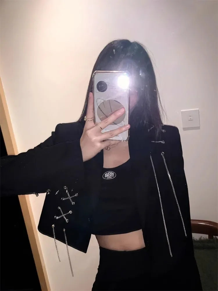 Women Punk Gothic Cropped Blazer with Metal Chain Tops Autumn Chic Patchwork Suit Office Lady Commute Short Jackt Streetwear
