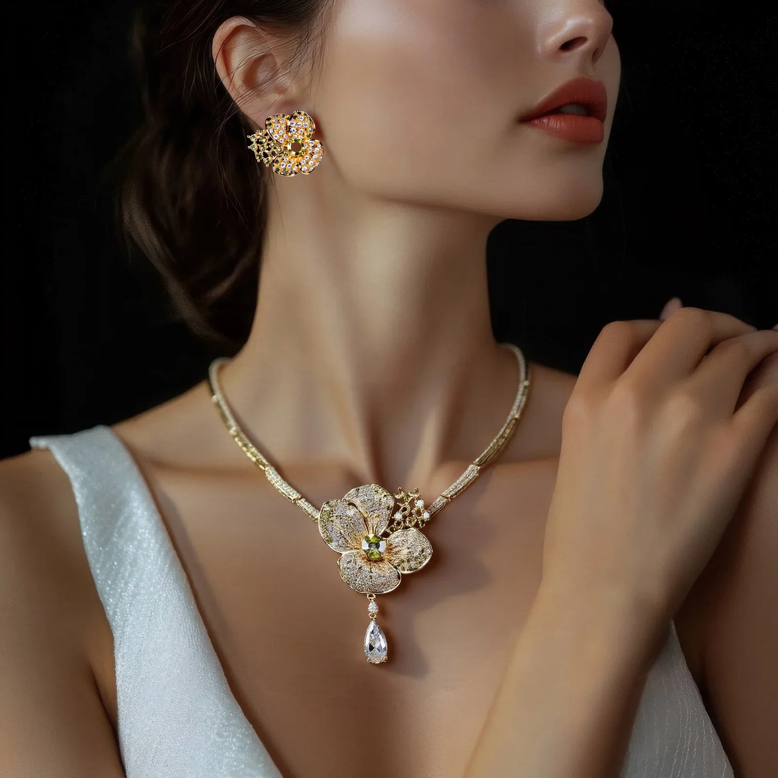 Cubic Zircon Crystal White Flower Women Choker Necklace and Earrings Bridal Jewelry Set for Wedding Dress Accessories S-338