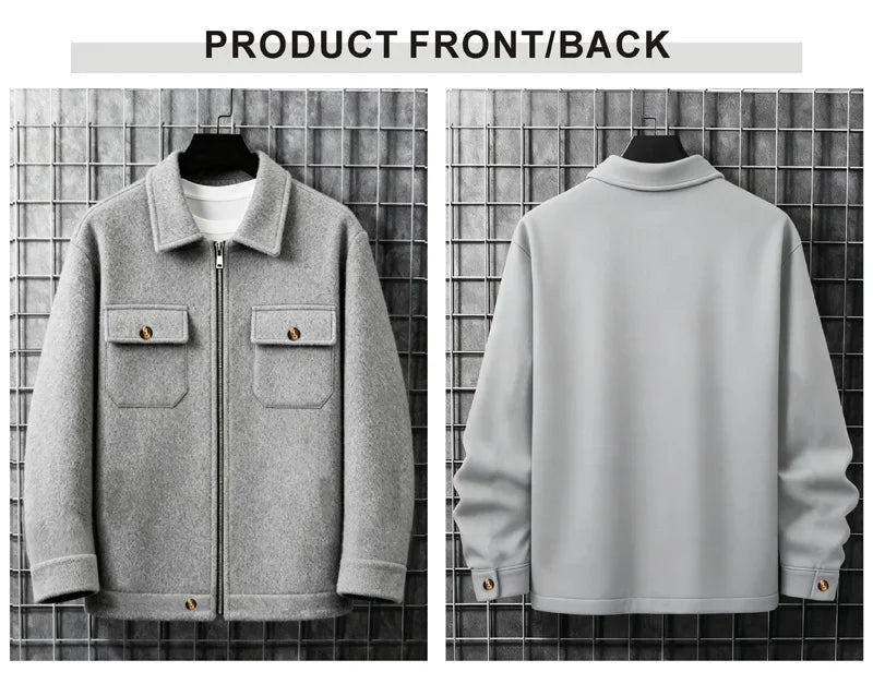 Men's Polyester Brushed Jacket, Lapel Button/Zipper Coat with Pocket, Comfortable Casual Autumn Winter Office Business Wear