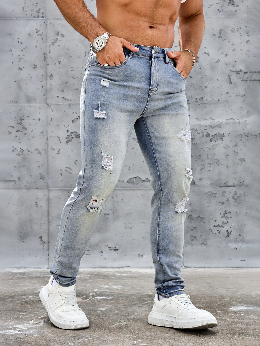 Men's Casual Slim Fit Stretch Jeans-Ripped Blue Denim Trousers Spring and Summer Pants Elastane Fabric