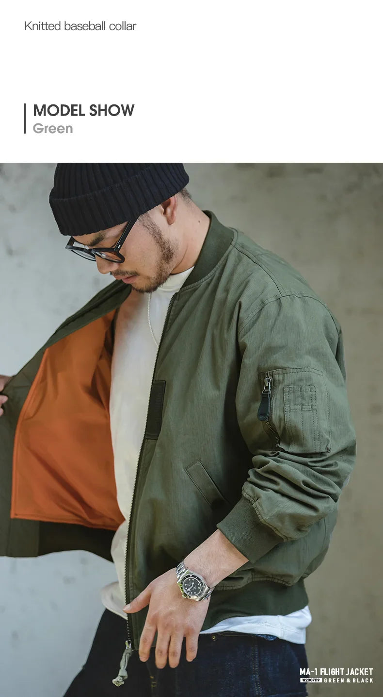 Retro MA1 Bomber Flight Jackets Green Windproof Pilot Jacket Casual Motorcycle Baseball Coat for Men's Spring and Autumn