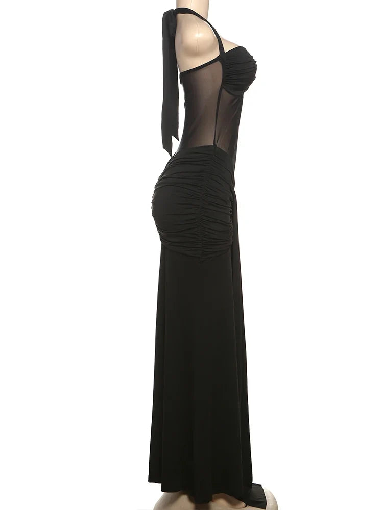 Halter Mesh Patchwork Dress Women Summer Trend Off Shoulder Backless Ruched Ribbon Midnight Prom Party Hipster Vestidos