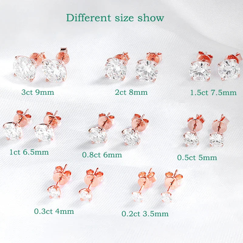 0.2-3CT Rose Gold Color Moissanite Stud Earrings for Women Sparkling Classic Wedding Lab Diamond Earring Pure 925 Silver