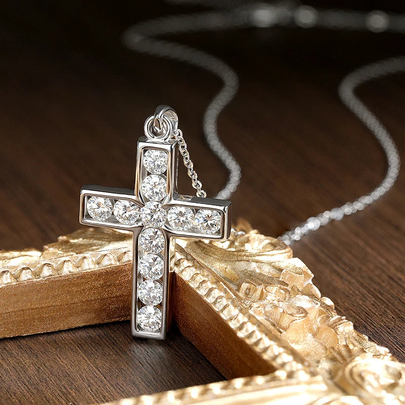 3.5mm Moissanite Cross Pendant Necklace Original s925 Sterling Sliver Plated 18k White Gold Fine Necklace for Women Man