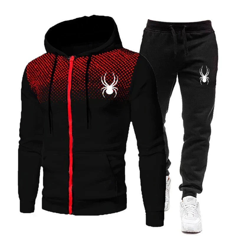 2025 Spring Winter spider print zipper long-sleeved hoodie + stretch waist pants two-piece men's sports jogging fitness suit