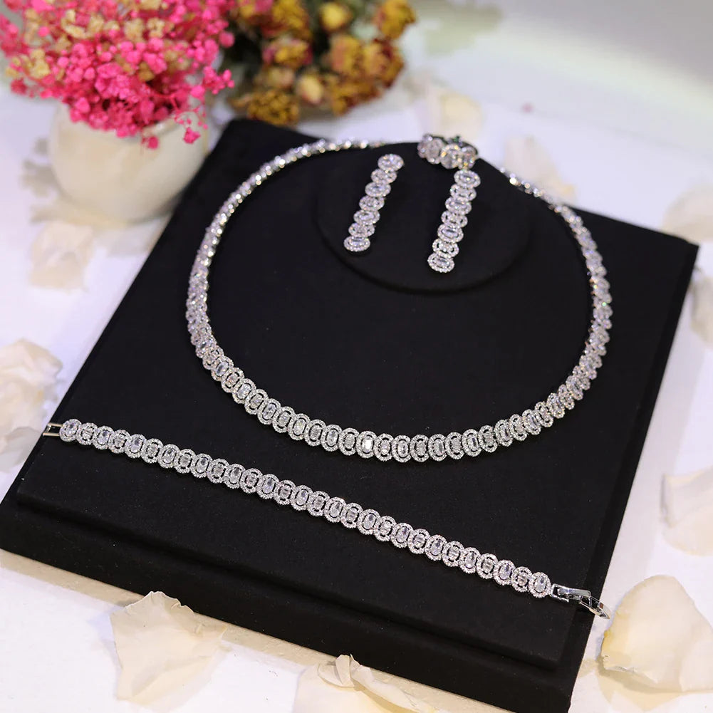 New Sparkling Cubic Zirconia Choker Necklace Earrings Bracelet Set for Women Wedding Party Jewelry