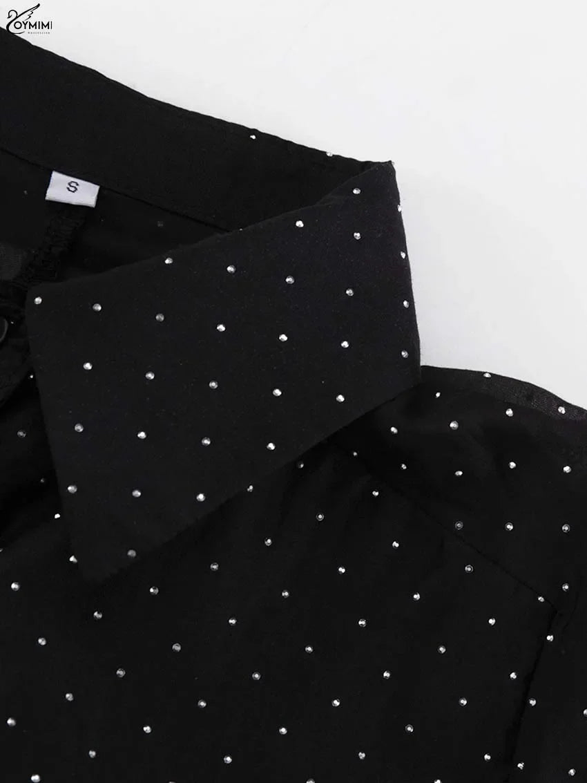 Fashion Black Rhinestone Women's Dress Casual Lapel Long Sleeve Button Dresses Elegant New Lace-Up Pleated Mini Dresses