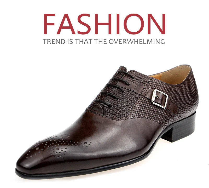Mens Formal Genuine Leather Shoes Fashion Zapato Social Male Wedding Dress Loafer Weave Printing Lace-up Daily Brogue Shoes