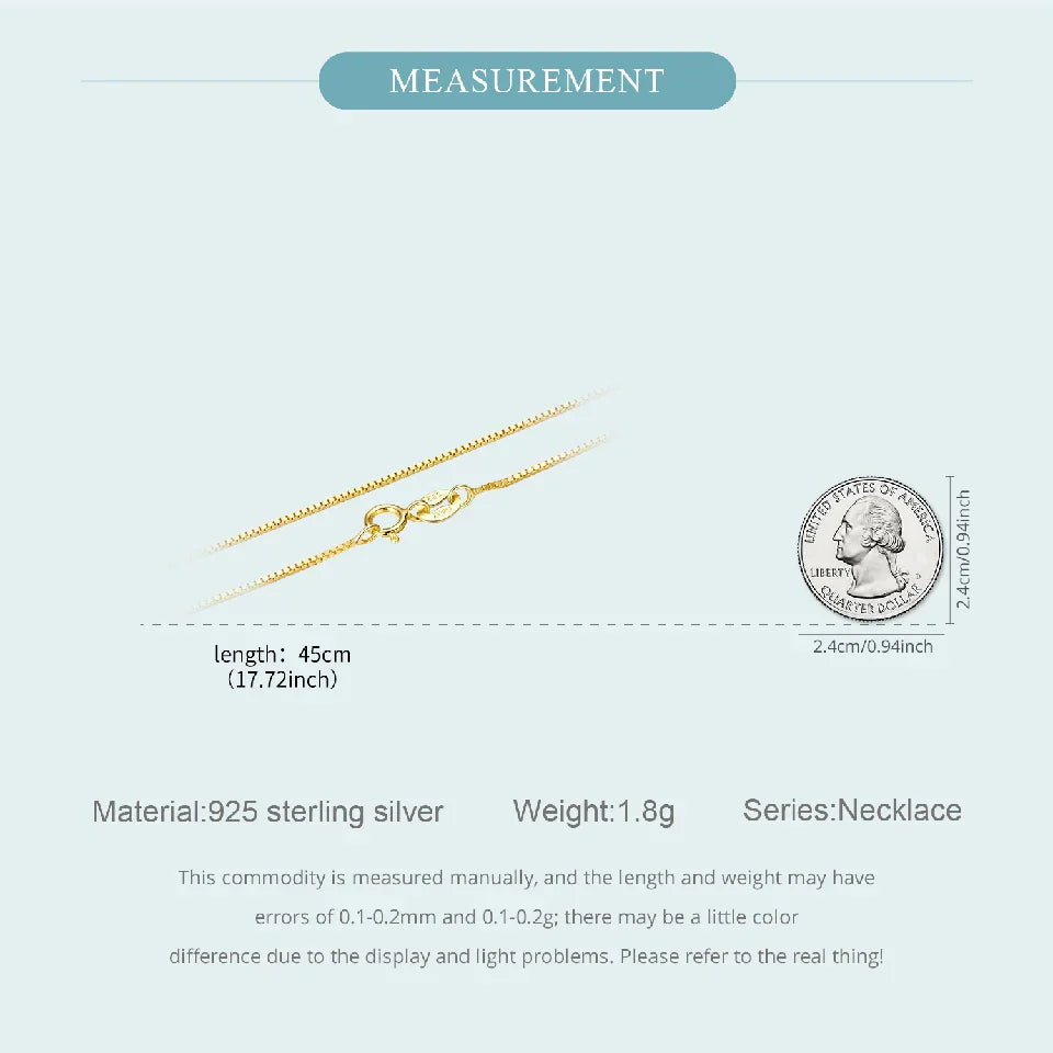 Solid Gold Over 925 Sterling Silver Chain Necklace for Women Teens DIY, 0.8mm Box Chain Super Thin & Strong Basic Chain
