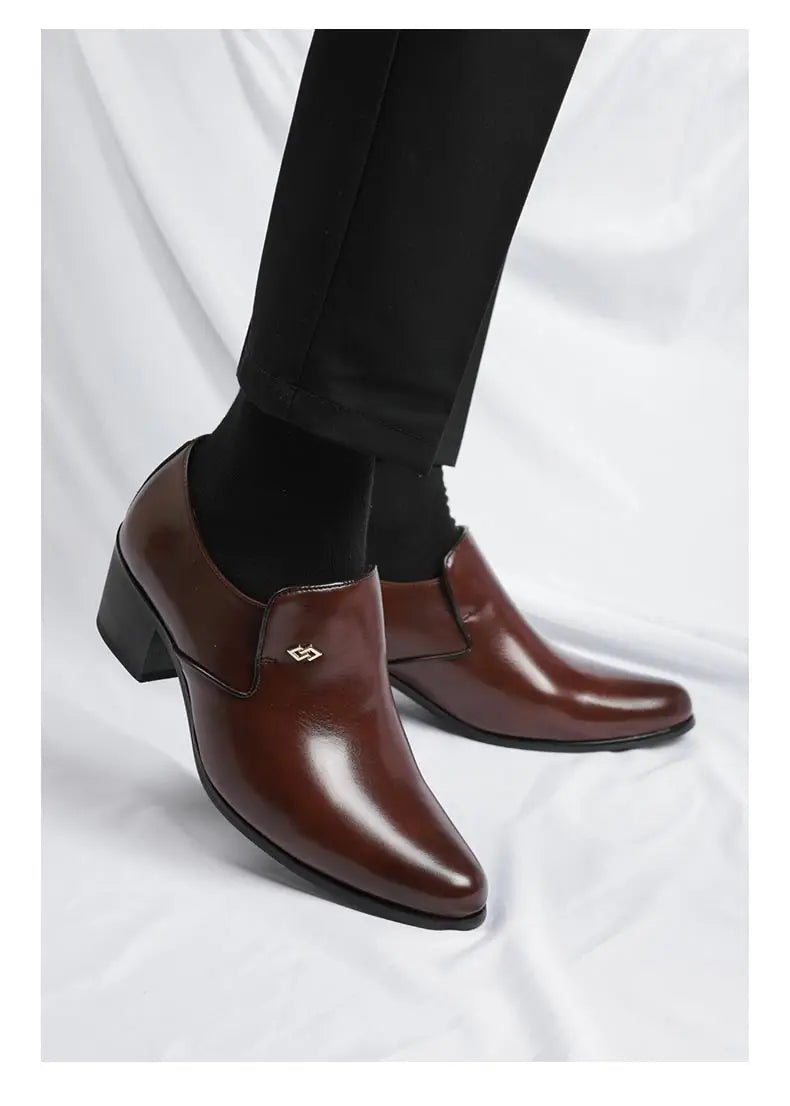 Premium Leather Men Shoes Slip On Loafers European Brand Business Casual Wedding Party Plaid Design Height Increasing