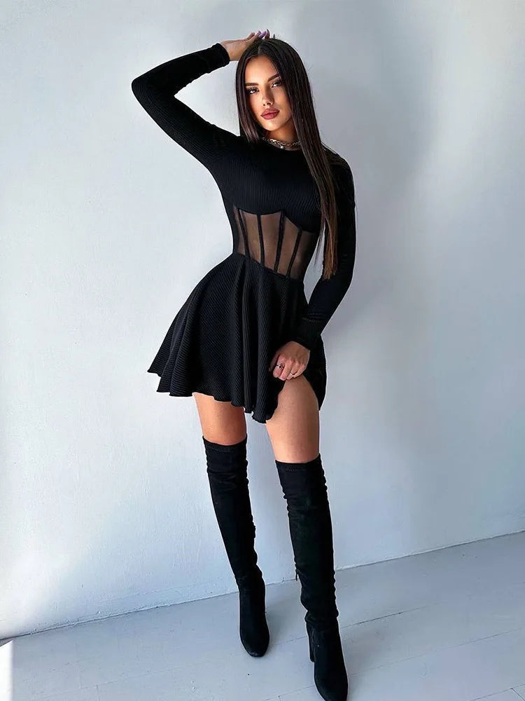 Fashion Solid Women's Mini Dresses A-Line Knitted Sheer Slim Fit Long Sleeves Bodycon O-Neck Party Streetwear Vestidos