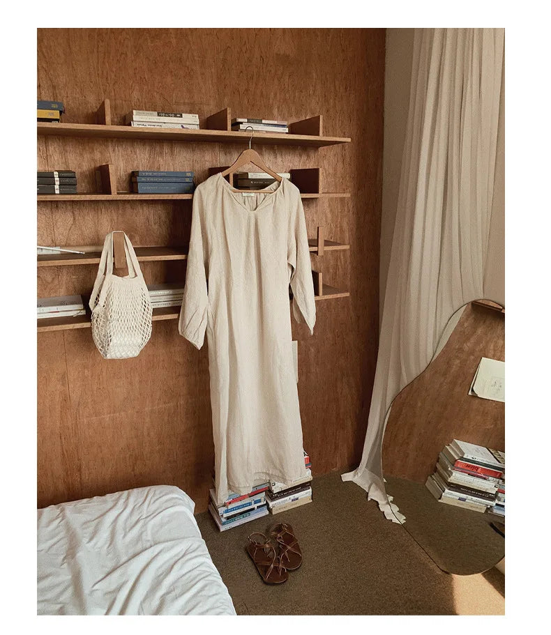 Vintage 100% Cotton Women Dress V Neck Long Sleeve Korean Jananse Pajama Dresses Ladies Comfortable Homewear Wearable Outside