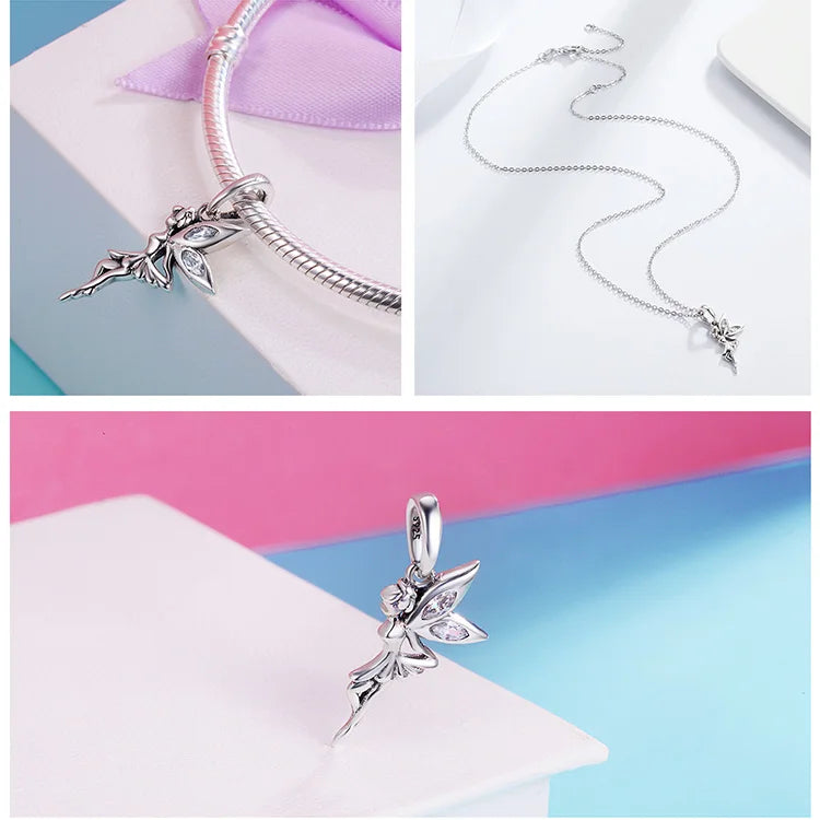 Authentic 100% 925 Sterling Silver Flower Fairy Pendant Long Chain Necklace for Women Birthday Gift Fine Jewelry SCC359