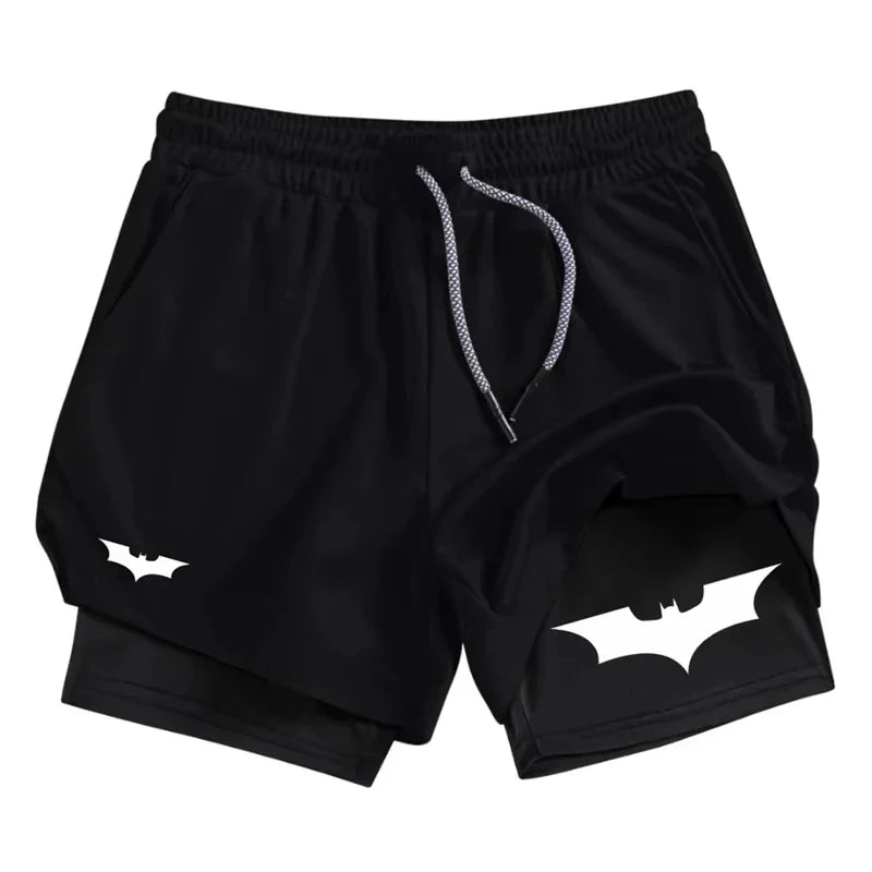 Bat Print 2 in 1 Performance Shorts for Men Athletic Breathable Quick Dry Shorts with Phone Pocket Gym Workout Running