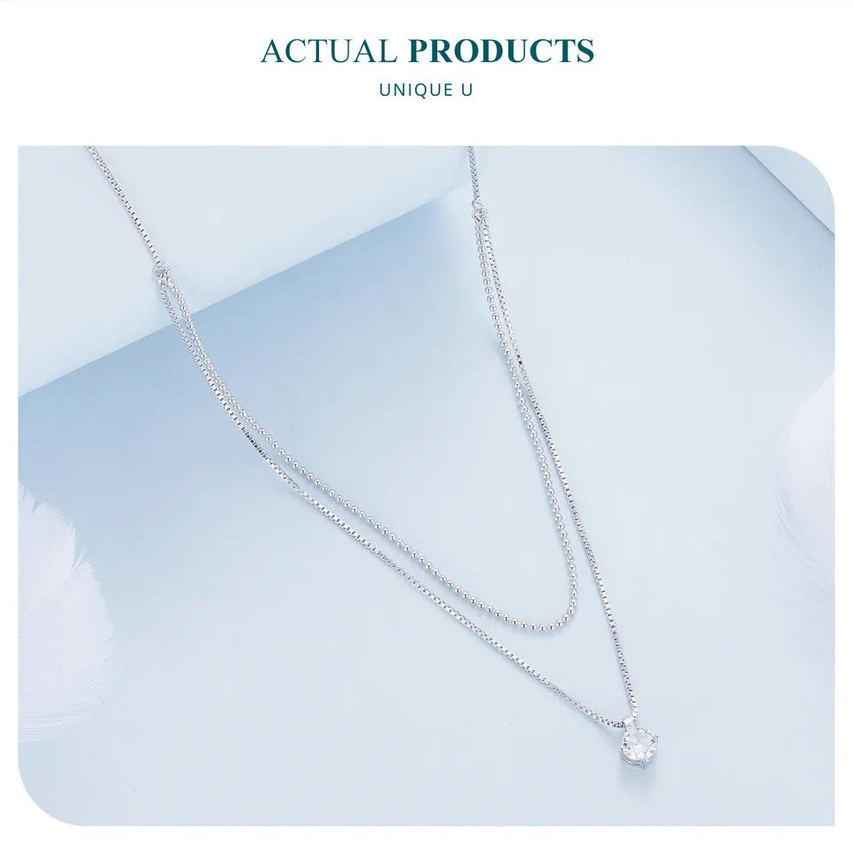 925 Sterling Silver Shining Zircon Pendant Necklace Double Layer Neck Chain for Women Engagement Wedding Fine Jewelry