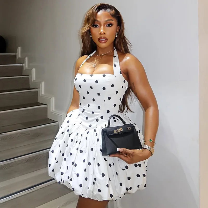 Doyerl Polka Dot A-line Puff Mini Dress Women Elegant Halter Strapless Backless High Waist Night Club Party Birthday Dress Robe