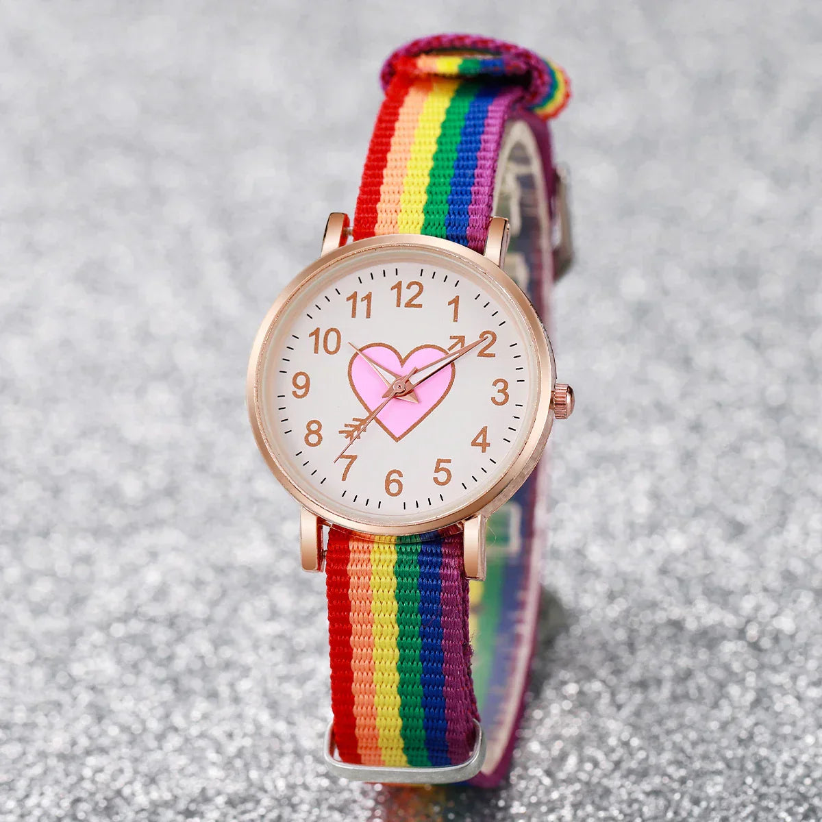 4PCS/Set Fashion Heart Dial Women's Watch Nylon Band Quartz Watch Rainbow Beads Bracelets Set