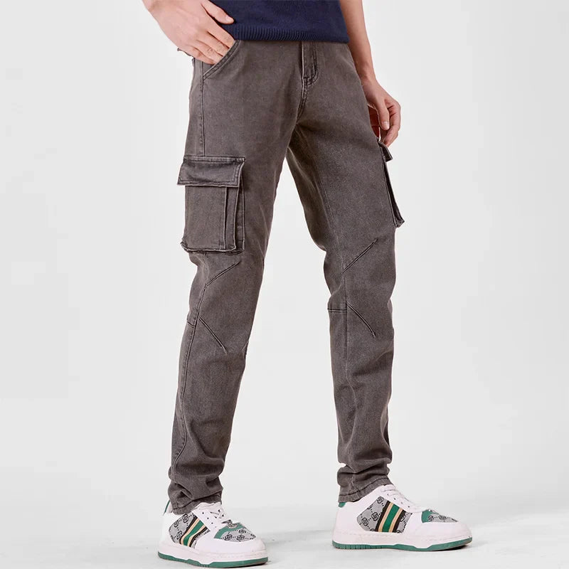 Men's Street Style Elastic Waist Denim Cargo Pants Solid Color Washed Slim Fit Casual Jeans with Multiple Pockets for Daily Wear