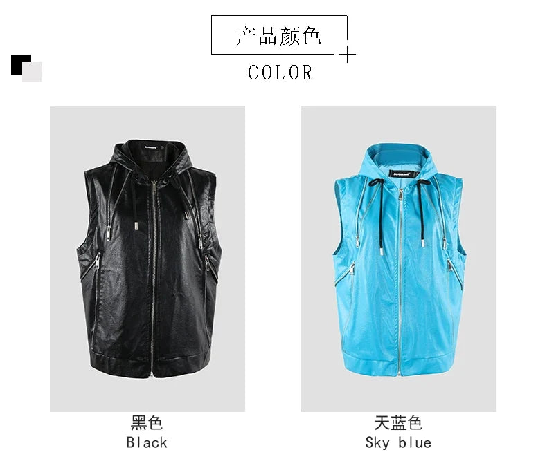 Spring Autumn Luxury Elegant Cool Black Pu Leather Vest for Men with Hood Zipper Sleeveless Jacket Men Clothing 2023