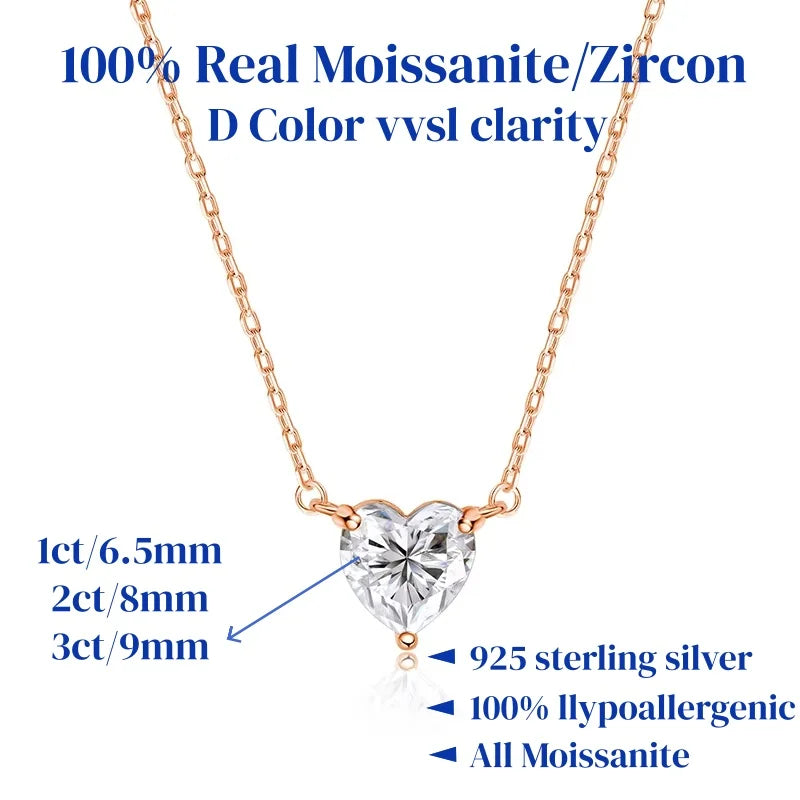 1/2/3ct Heart Cut Moissanite Pendant Necklace S925 Pure Silver Plated 18K Gold Women Necklace jewelry Gift GRA Certified