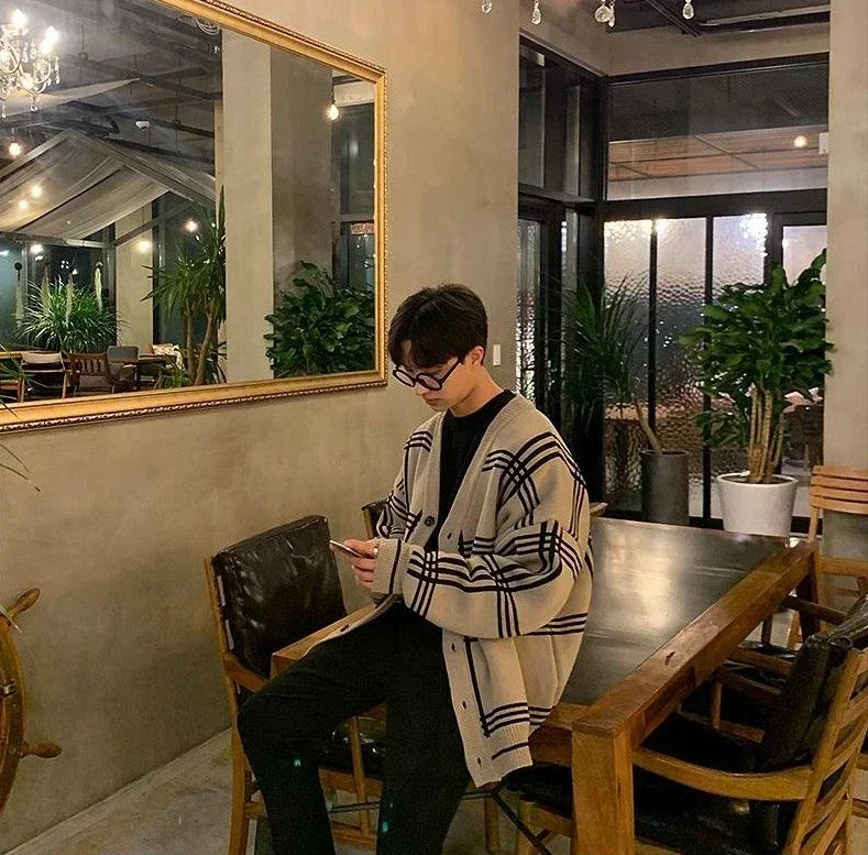 Men's Clothing Cardigan Jacket V Neck Coat Knit Sweater Male Plaid Elegant Casual Long Sleeve 100% Korean 2025 Autumn Classic A