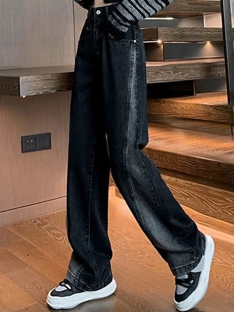 Woman High Waist Jeans High Street Patchwork Straight Leg Pants