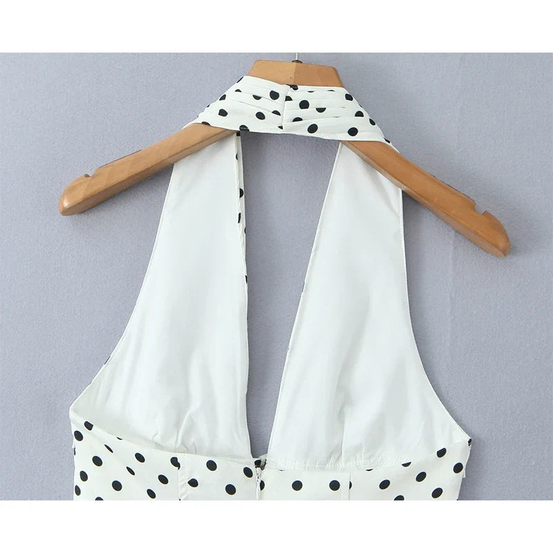 French Style Retro Polka Dot Deep V Halter Dress Women Sexy Backless A-line Slim Sweet Elegant Mini Dresses Summer Robe