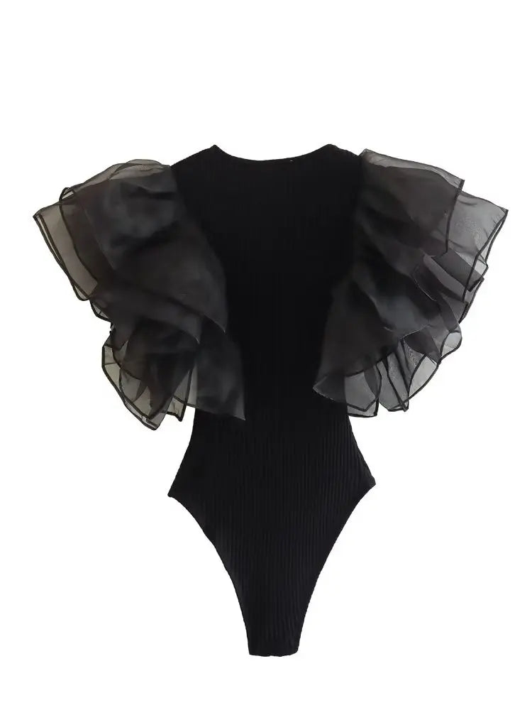Willshela Women Fashion Black Ruffled Bodysuits Vintage O-Neck Sleeveless Female Chic Lady Tight Tops