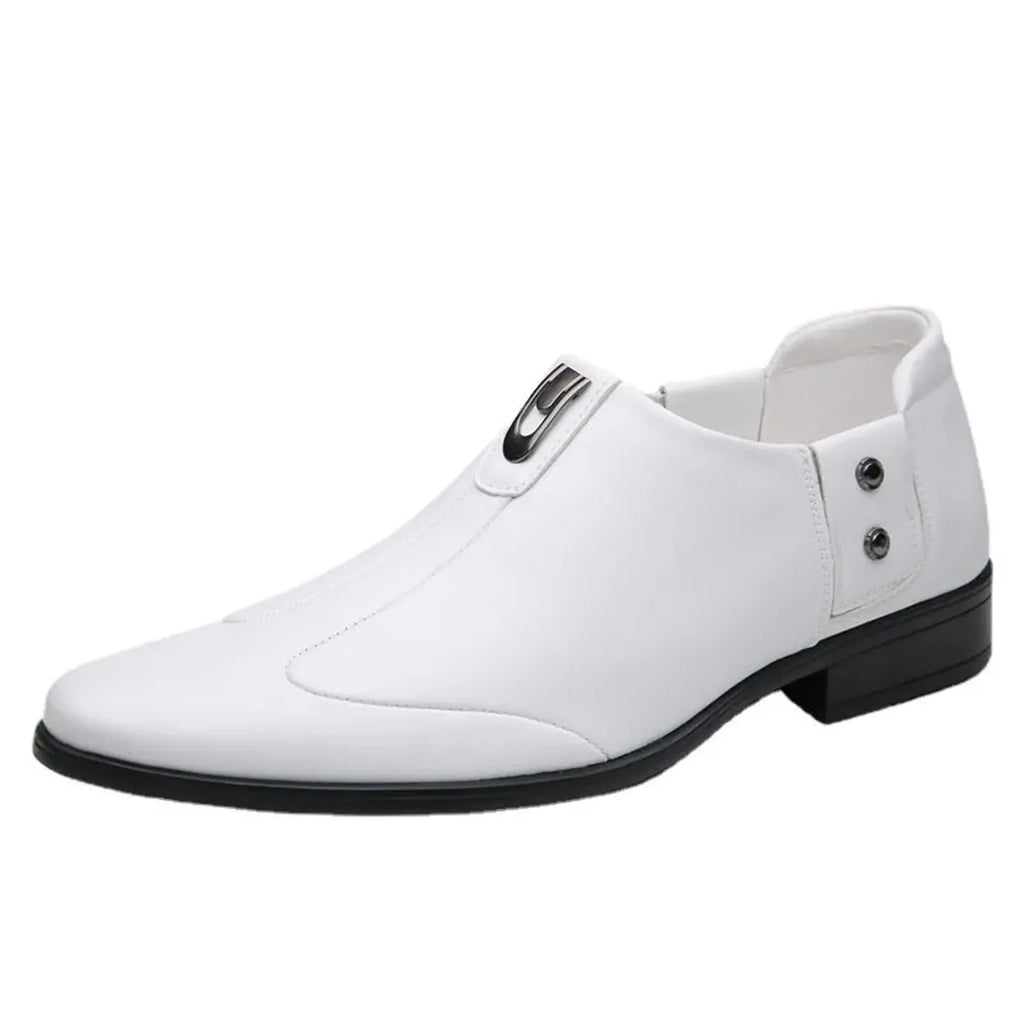 White Men'S Soft Leather Casual Loafers Comfortable Business Work Formal Spring Slip-On Metallic Dress Shoes Sole Polyurethane